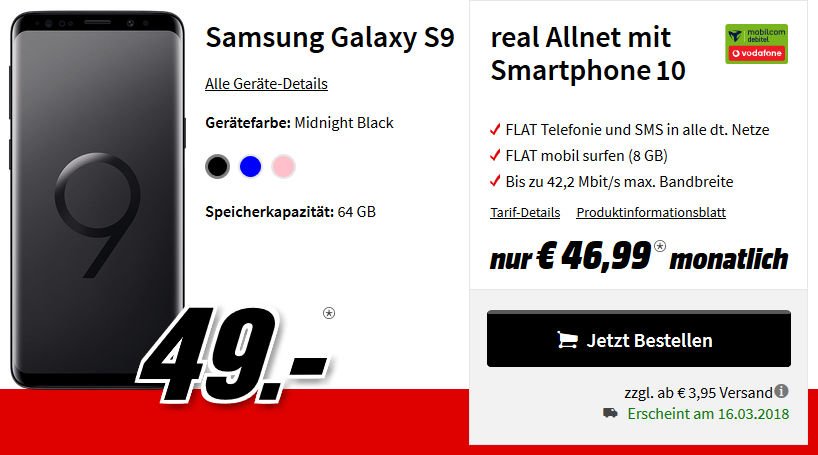 Samsung Aktion Galaxy S9 Mit 5gb Lte Allnet Flat Vertrag Für 1999