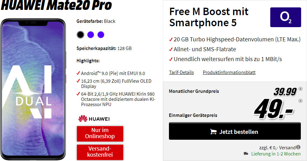 Media Markt Huawei Mate 20 Pro Mit 20gb Lte Allnet Vertrag Für 3999